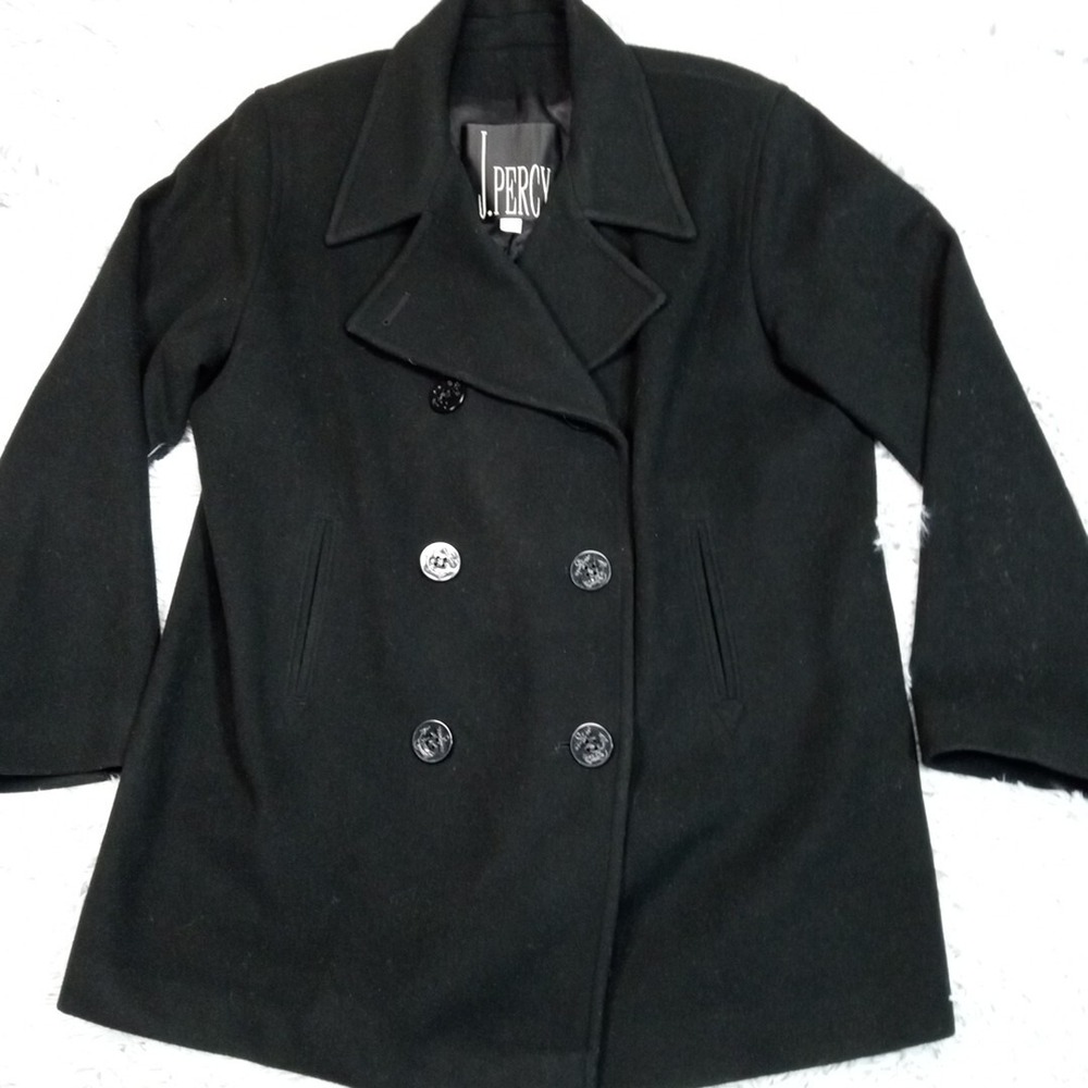 Vintage J. Percy Jacket Womens 12 Black Merino Wool Pea Coat Lined Pockets Cozy